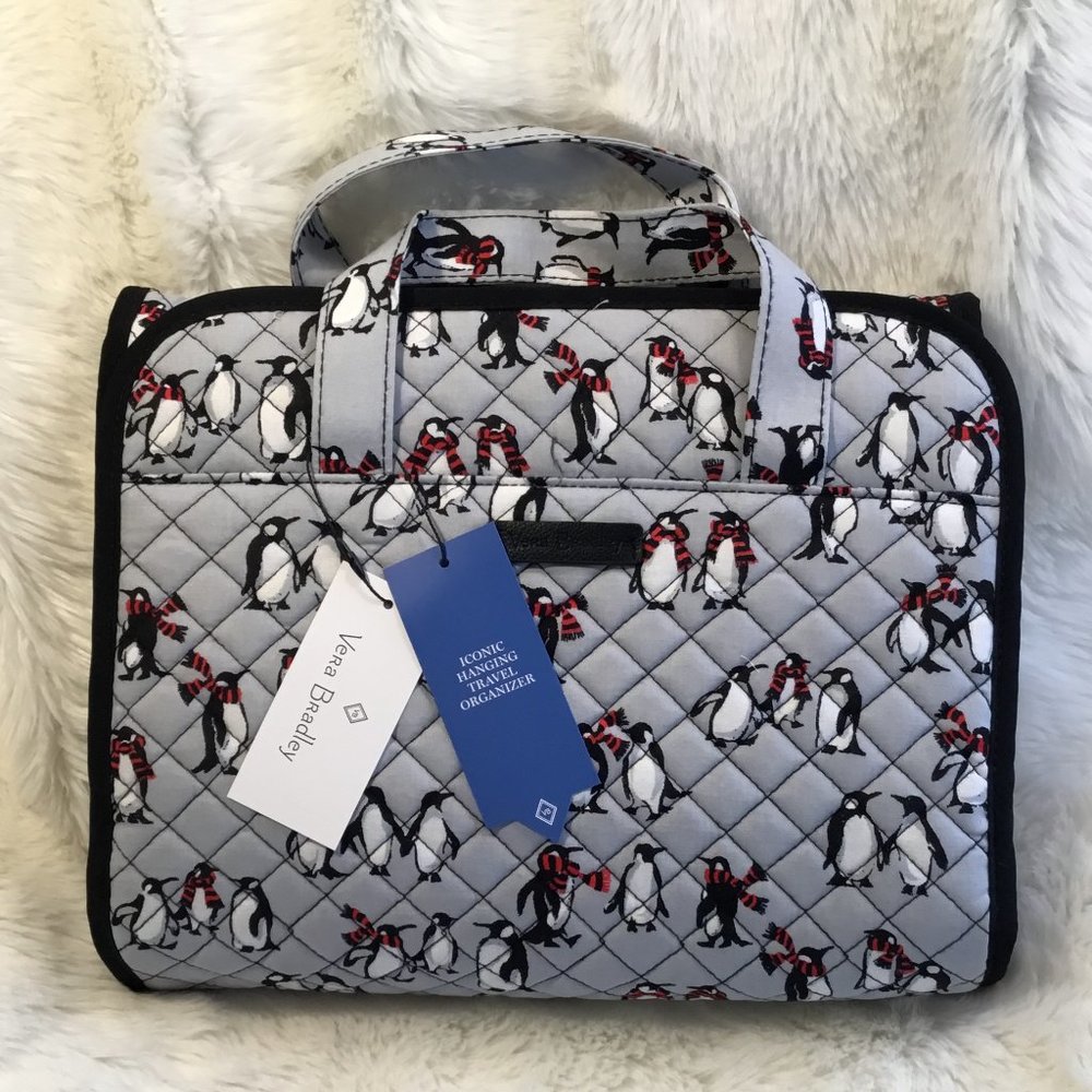 NWT Vera Bradley Hanging Travel Organizer Playful Penguins Gray Cosmetics Bag